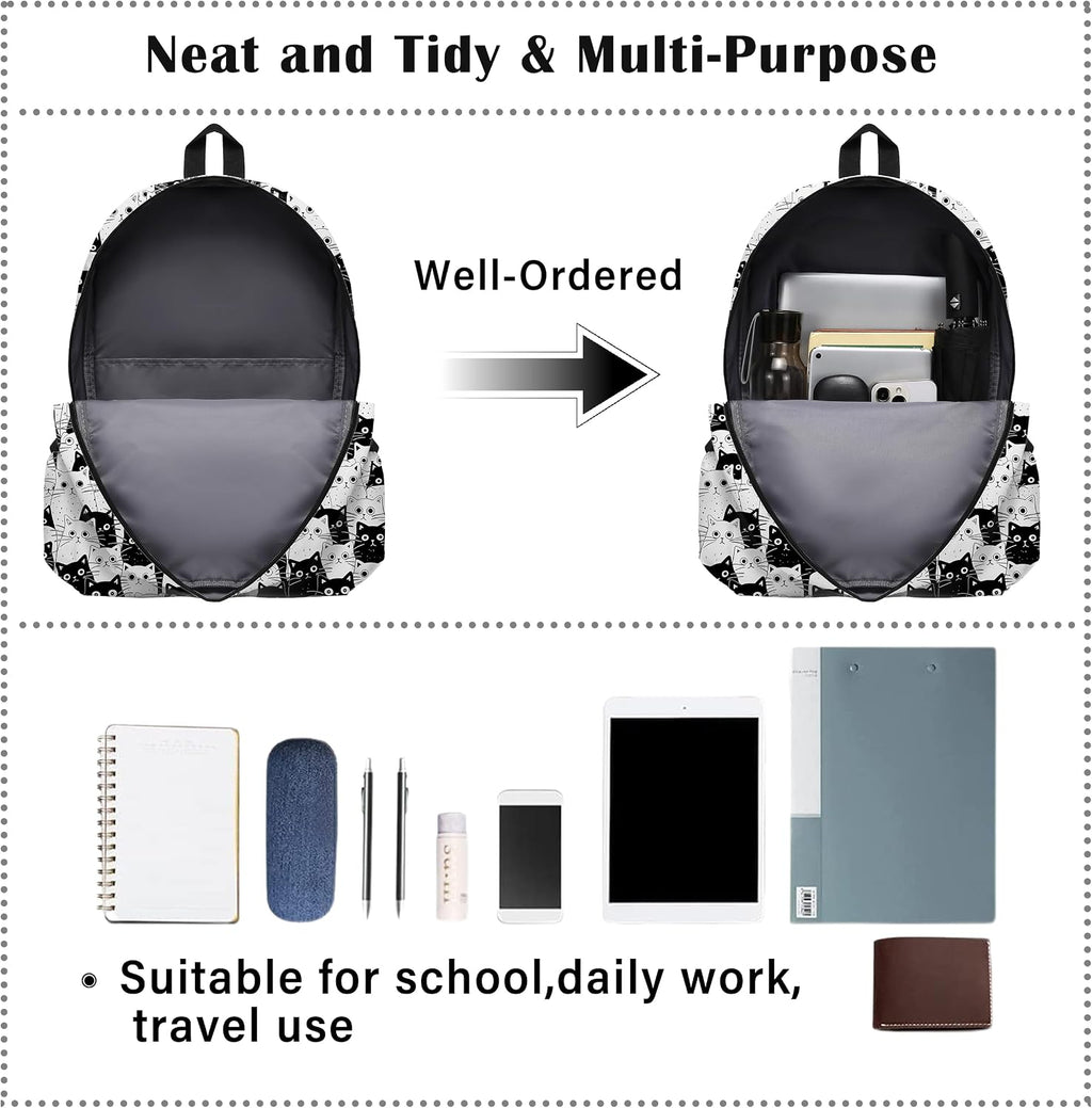 Funny Black Cat School Backpack for Girls Boys Bookbag, 17 Inch Cat Laptop Backpack, Cats Animals Theme Back Pack for School Travel Hiking Camping