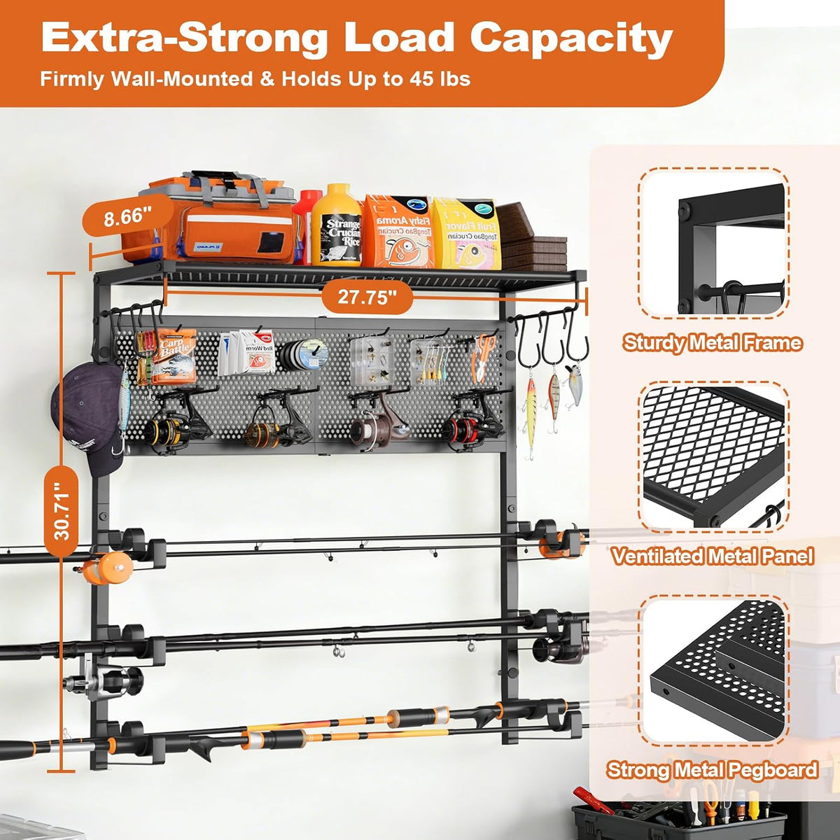 Olakee Wall Mount Fishing Rod Holder for Garage, Holds 6 Pole Rack