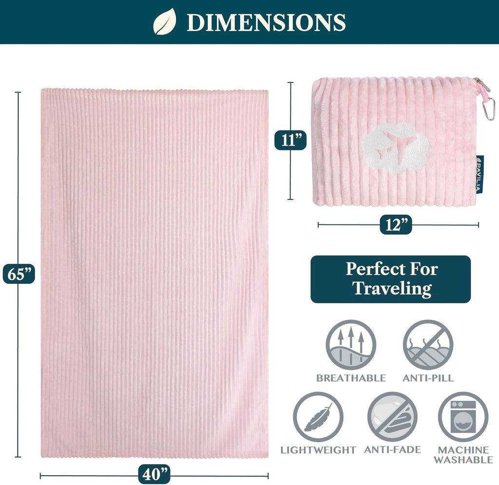 PAVILIA Travel Blanket Pillow, Soft Ribbed Fleece Airplane Blanket, Pink