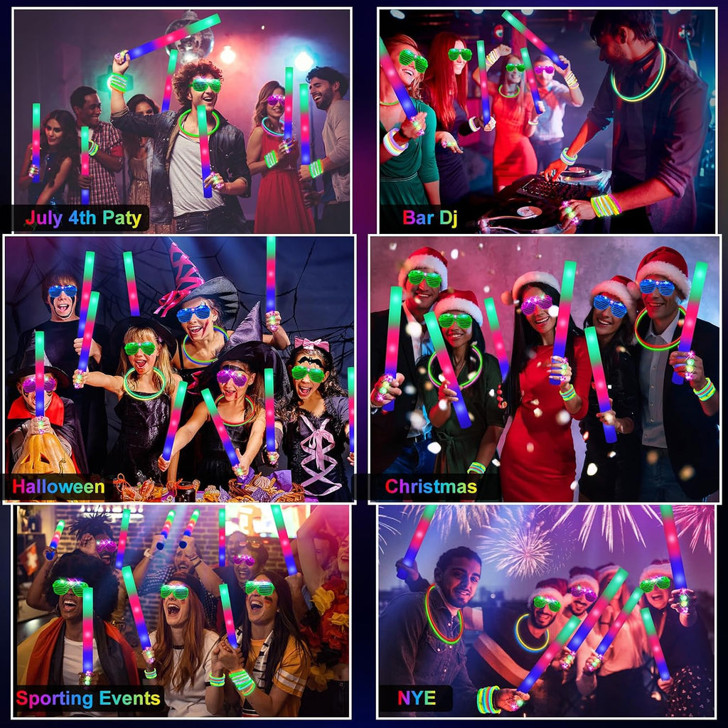 OLUPP 150 PCS Glow in the Dark Party Supplies, 16 Foam Sticks, 16 LED Glasses, 100 Glow Sticks and 18 Finger Lights for Neon Party, 4th of July, Wedding, Birthday, Concert, New Year, Carnivals, Raves