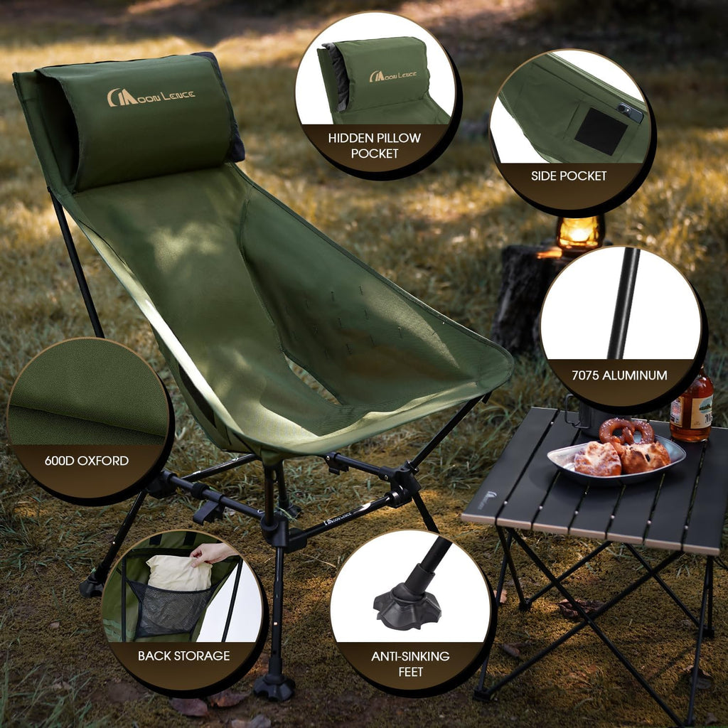 MOON LENCE Oversized High Back Camping Chair for Adults, Height Adjustable Folding Camp Chair | 400 lbs Capacity & 5.4 lbs Weight, Hidden Pillow Pocket Wide Seat for Camping Fishing Overlanding, Green