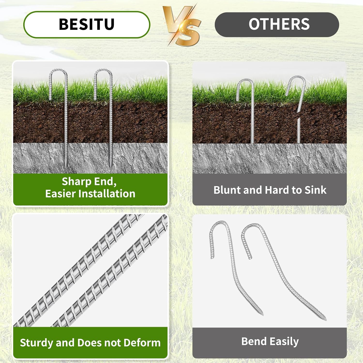 Besitu 12 inch Stakes Heavy Duty 100-Pack J Hook Metal Fence Stake for Dogs Digging Tent and Outdoor Decorations Inflatables Rebar Metal Spikes for Ground