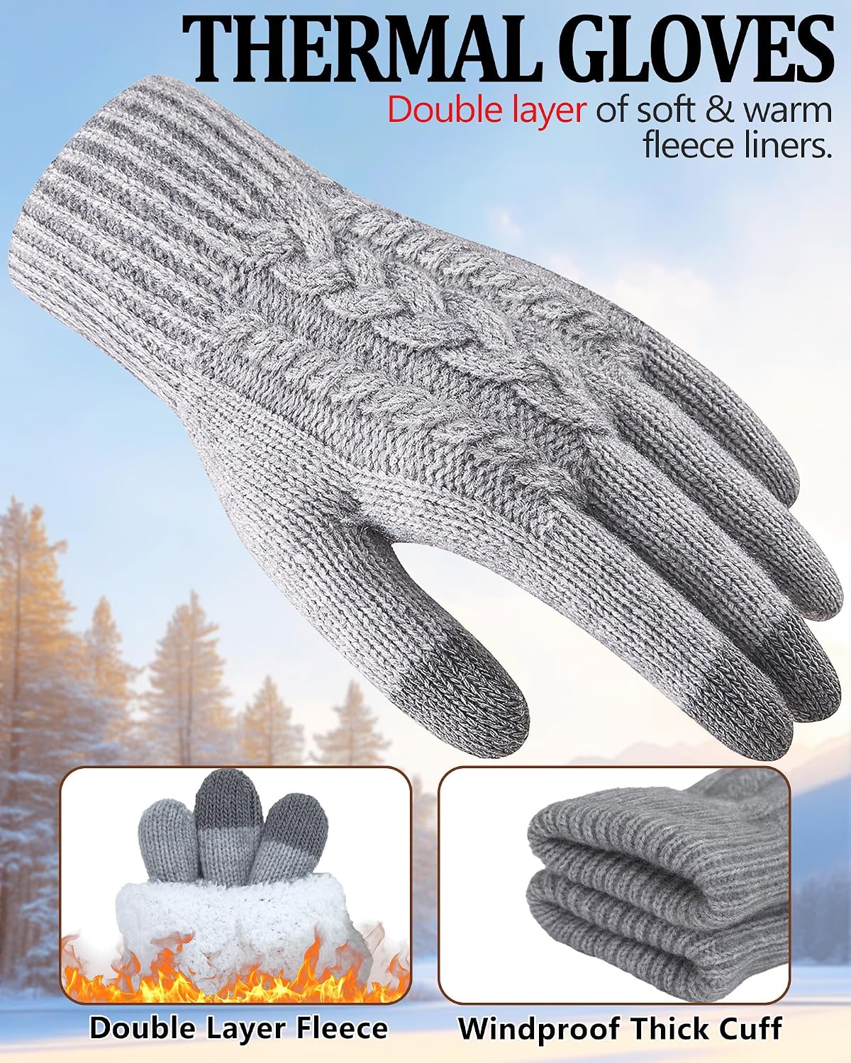 Winter Gloves for Women, Touch Screen Cold Weather Thermal Warm Knit Glove with Thick Fleece Liners Christmas Gifts
