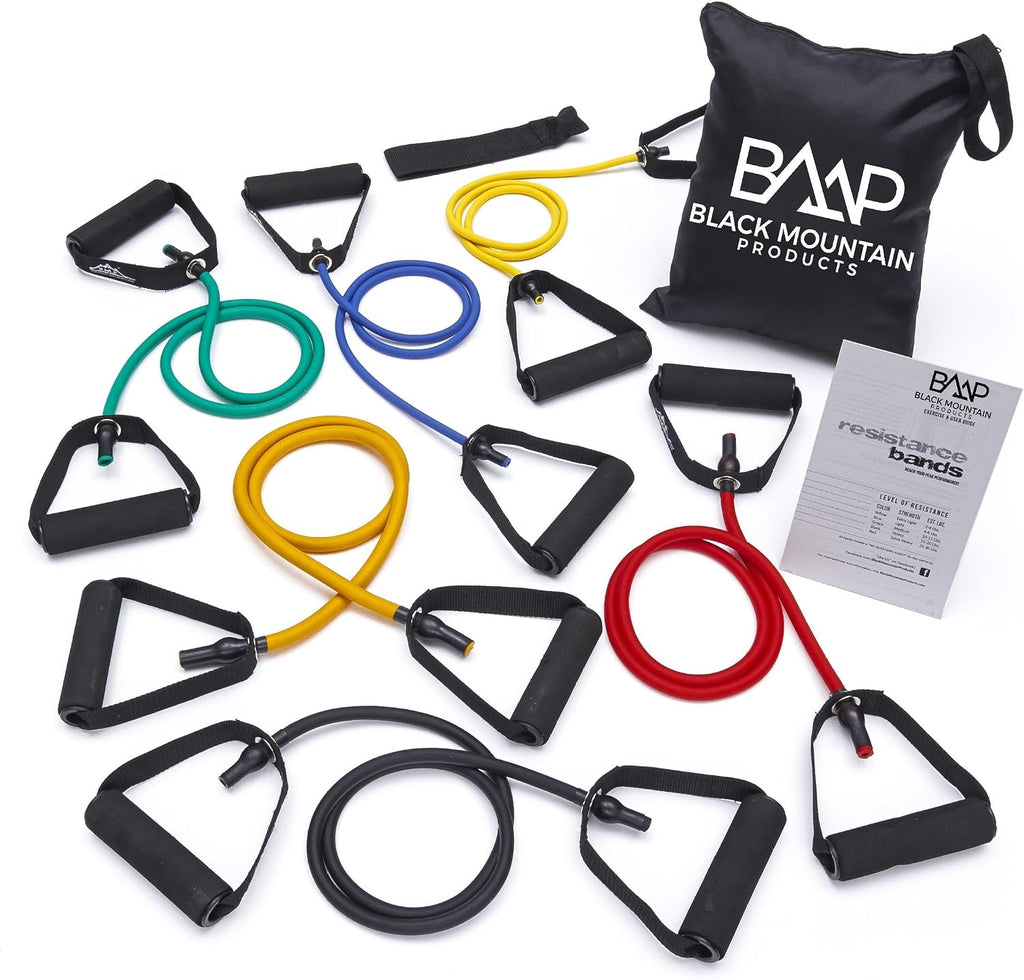 Black Mountain Products Resistance Band Set Six Bands Included - Door Anchor Workout Guide Carrying Bag Tone Build Muscle