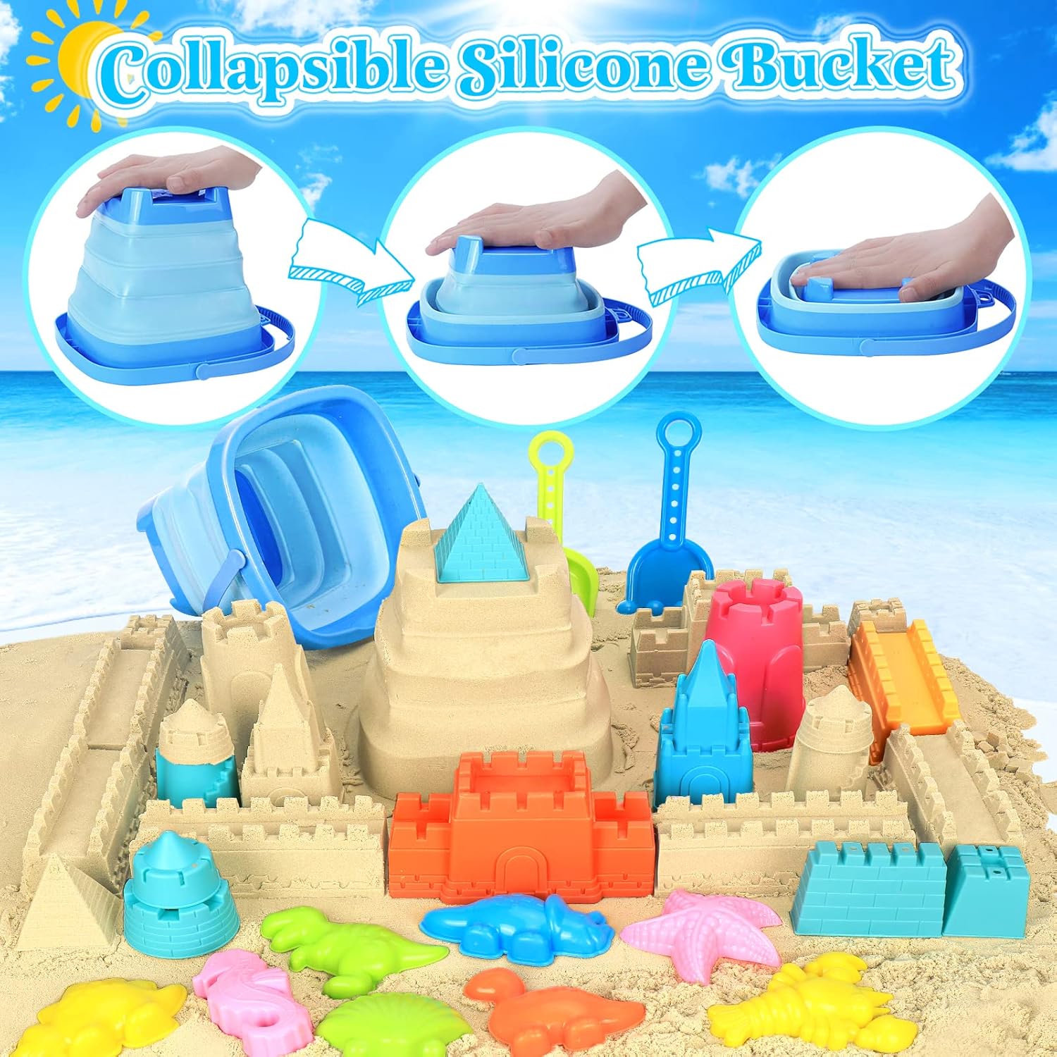 RACPNEL Beach Toys with Collapsible Bucket, Sand Castle Kit for Kids 3-12 | Castle Building Kit, Shovels, Portable Mesh Bag for Sandbox, Backyard, Summer Travel, Beach Games, Multi-Scene Outdoor Fun