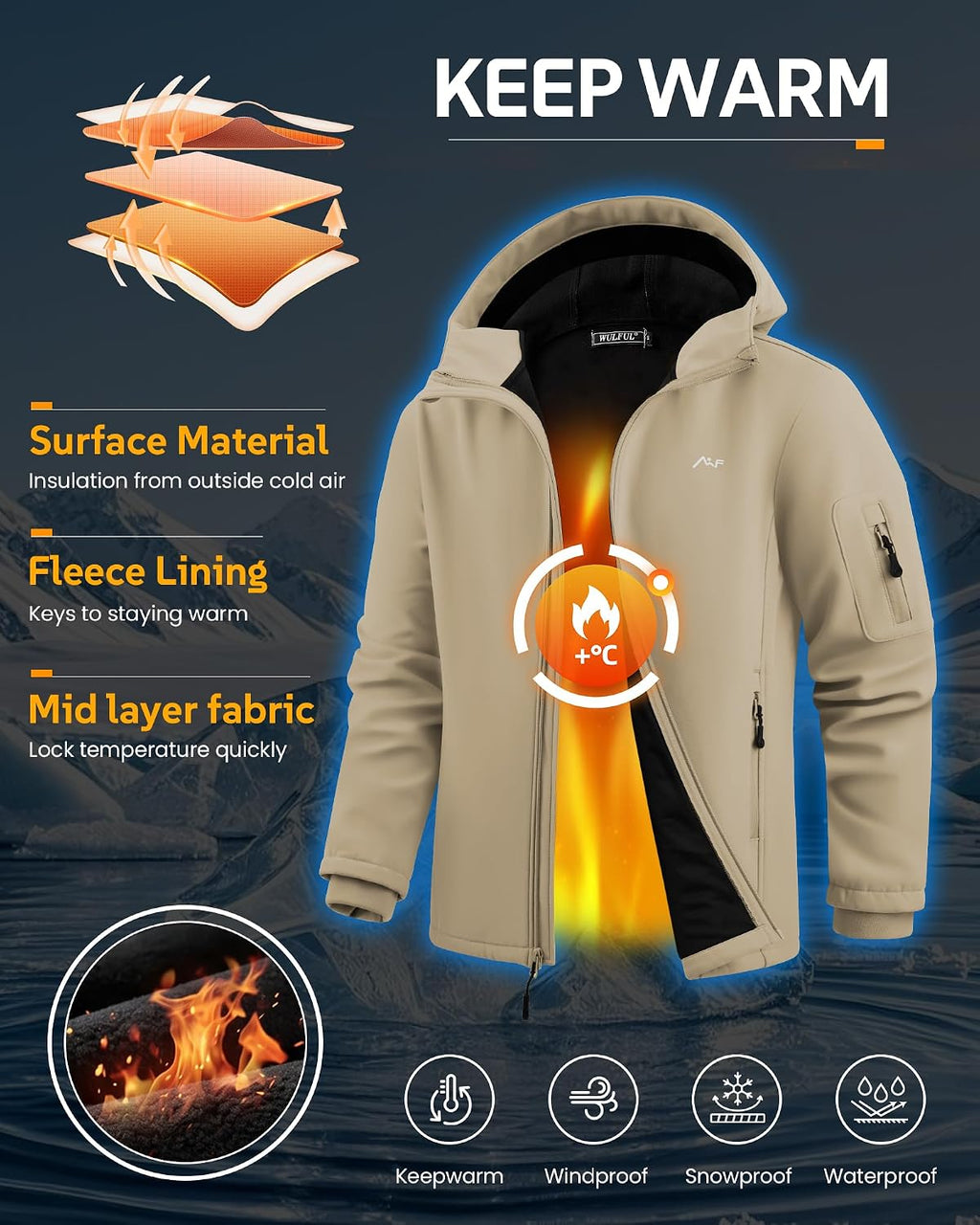 WULFUL Men's Lightweight Softshell Jacket Warm Fleece Lined Windbreaker Waterproof Soft Shell for Outdoor Hiking