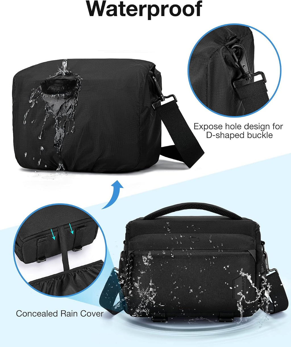 BAGSMART Camera Sling Bag with Tripod Holder & Rain Cover, Black
