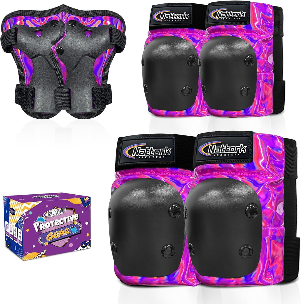 Nattork Knee Pads for Kids Youth Audlt，Knee and Elbow Pads with Wrist Guards 6 in 1 Protective Gear Set for Skateboard, Roller Skate, Inline Skates, Cycling and Scooter Boys Girls