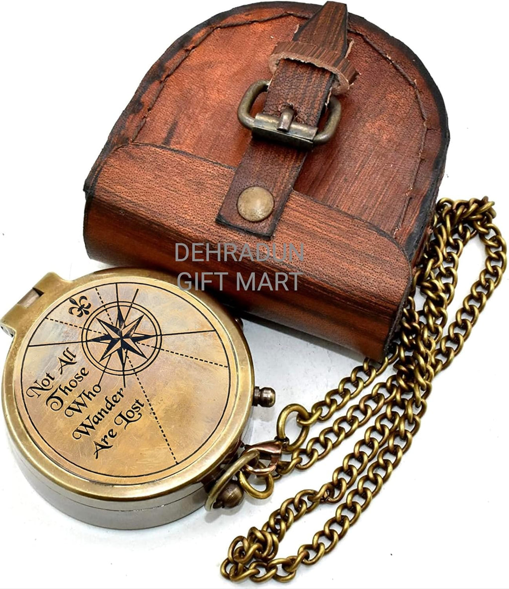 “Not All Those Who Wander are Lost” Engraved Vintage Pocket Compass, Antique Brass Nautical Compass with Leather Case, Travel Gift for Men & Women, Hiking Camping Navigation Tool, Graduation Gift