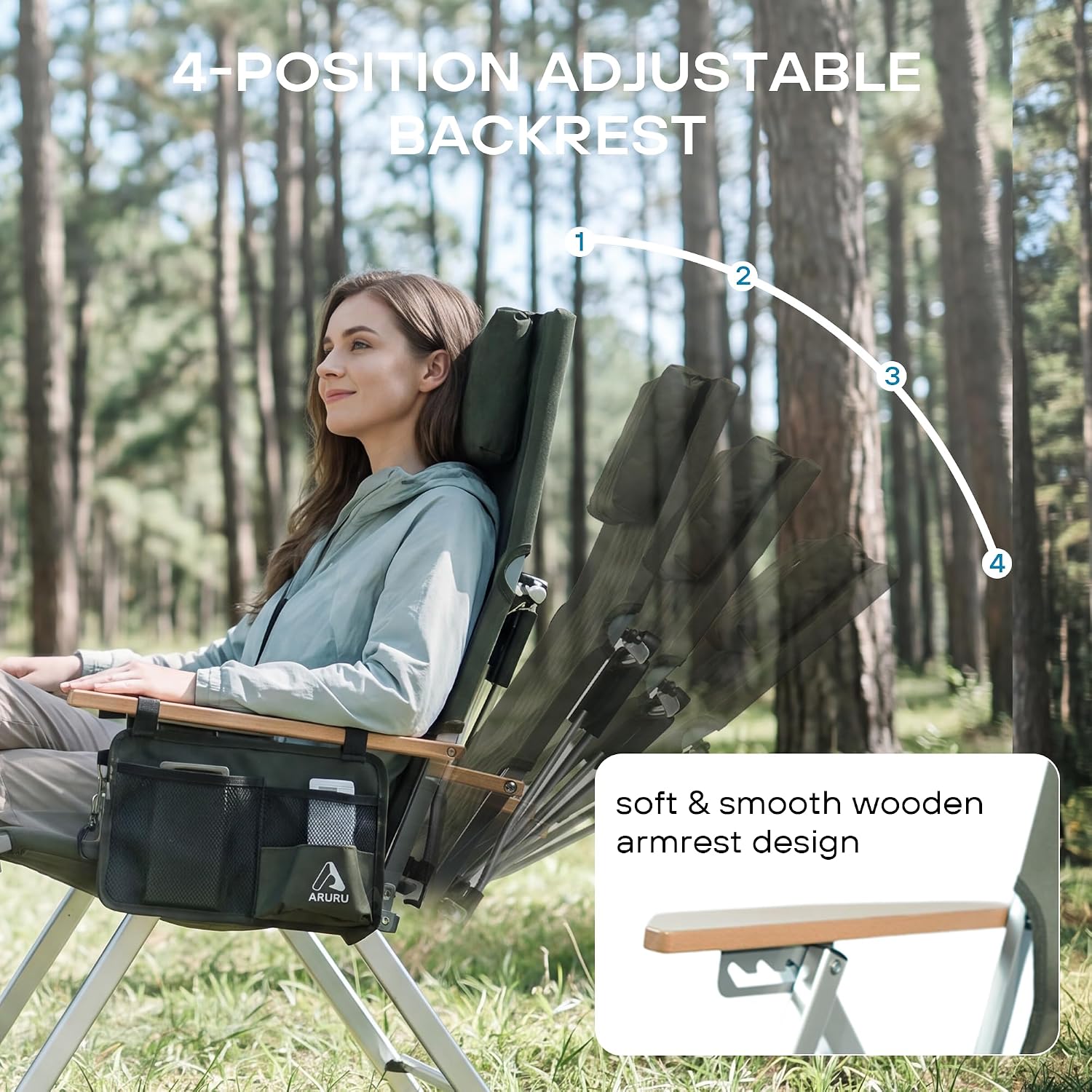 Reclining Camping Chair, Heavy Duty Folding Chairs with 4-Stage Adjustable High Back for Adults, Compact Foldable Outdoor Patio Reclining Chair with Storage Bag (Green, 2 Pack)