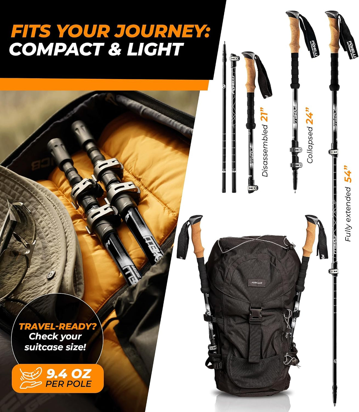 Foxelli Trekking Poles – Lightweight Collapsible Aircraft Grade Aluminum Hiking Poles with Cork Grips Quick Locks & All-Terrain Accessories – Pair of 2