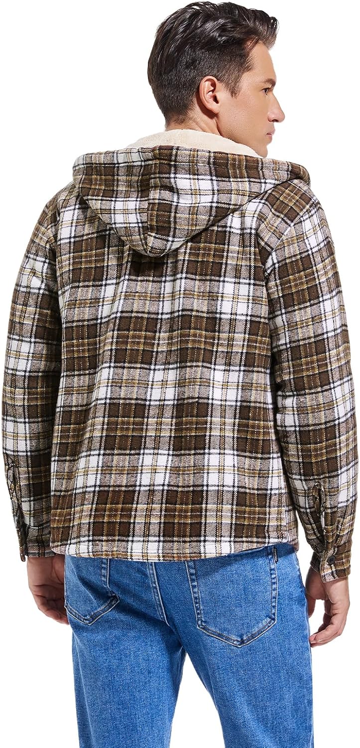 Men's Zip Up Flannel Shirt Jacket Fleece Lined with Hood