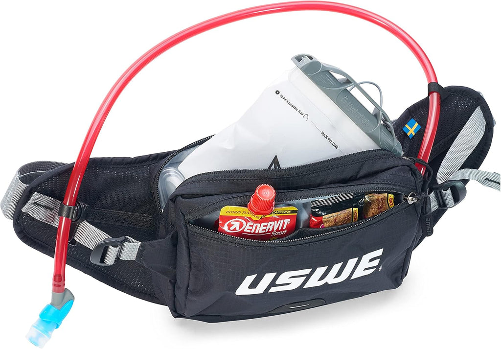 USWE Zulo Hydration Hip Pack - with Organizer and Side Pockets, Bounce Free Hip Belt (2L, Black)