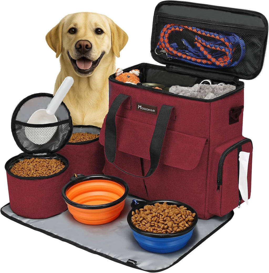 Modoker Weekend Dog Travel Bag Set with 2 Food Bags, 2 Bowls and Mat, Black