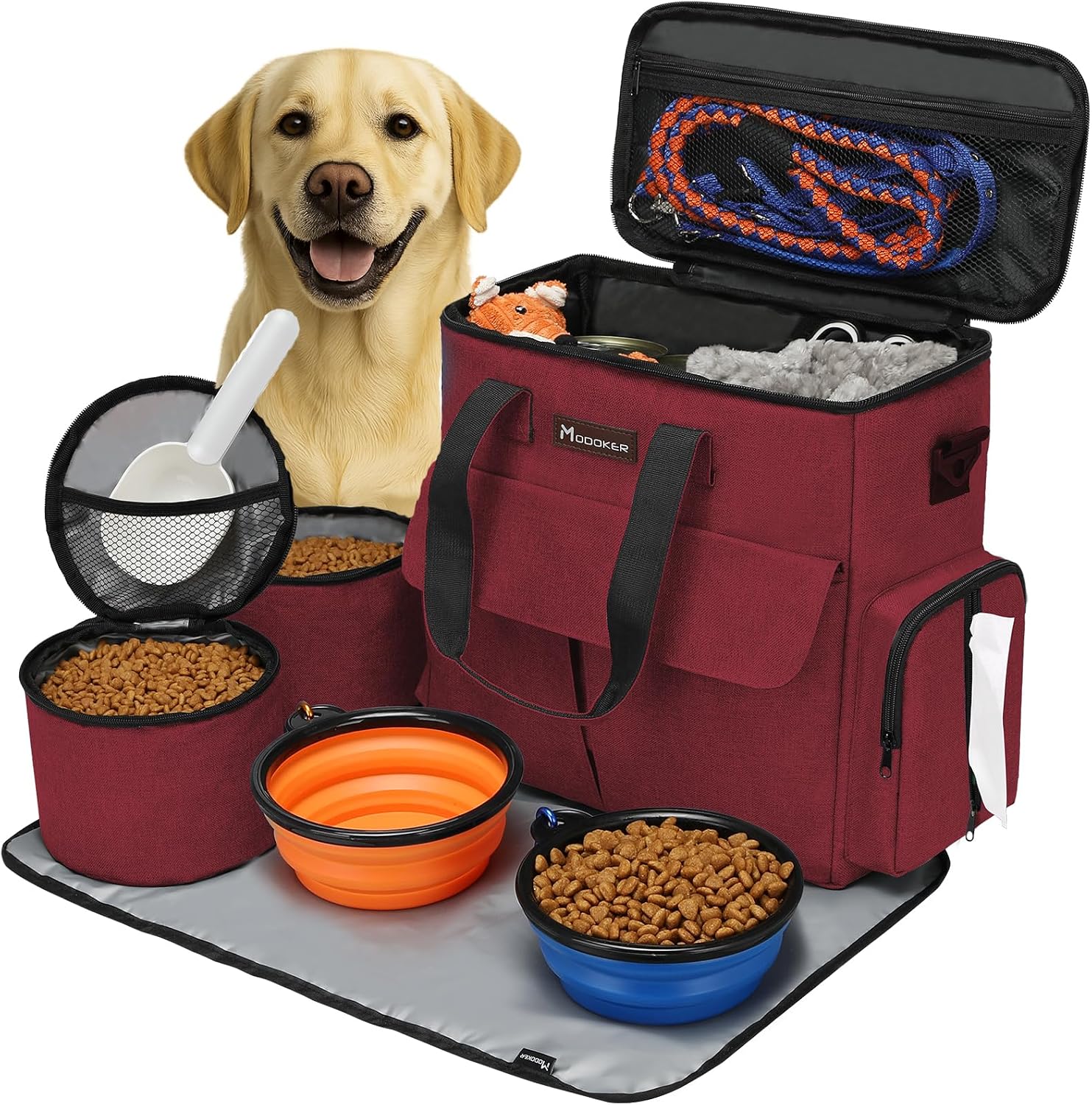 Modoker Weekend Dog Travel Bag Set with 2 Food Bags, 2 Bowls and Mat, Black