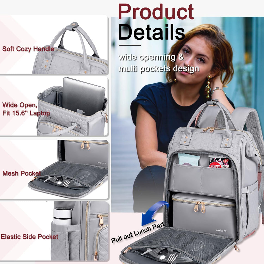 Weitars Lunch Backpack for Women,15.6 Inch Laptop Backpacks with Lunch Box