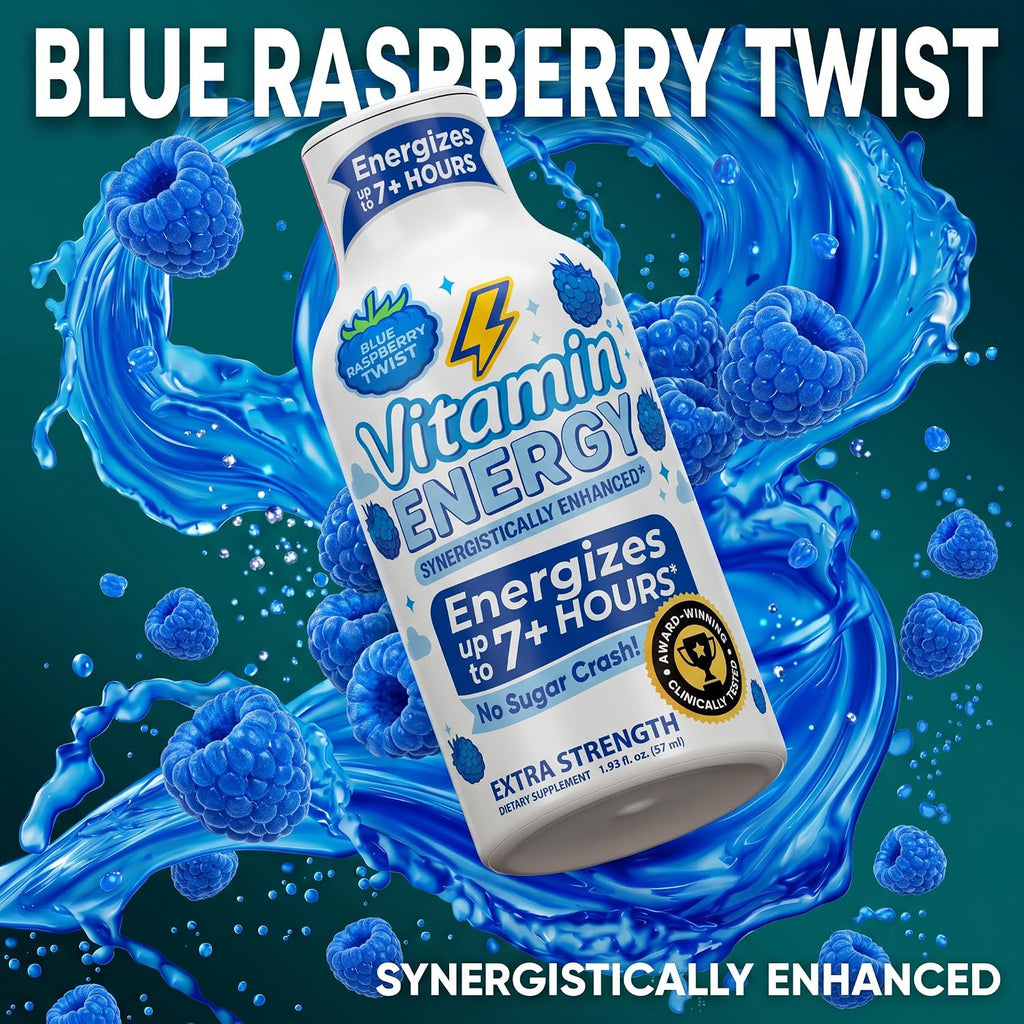 Vitamin Energy Blue Raspberry Twist Extra Strength Energy Shot, 36 Pack - Up to 7 Hrs, 260mg Natural Caffeine, Zero Sugar - Electrolytes + BCAAs, Hydration, B12 B6 Niacin, 1.93 fl oz, Keto Vegan