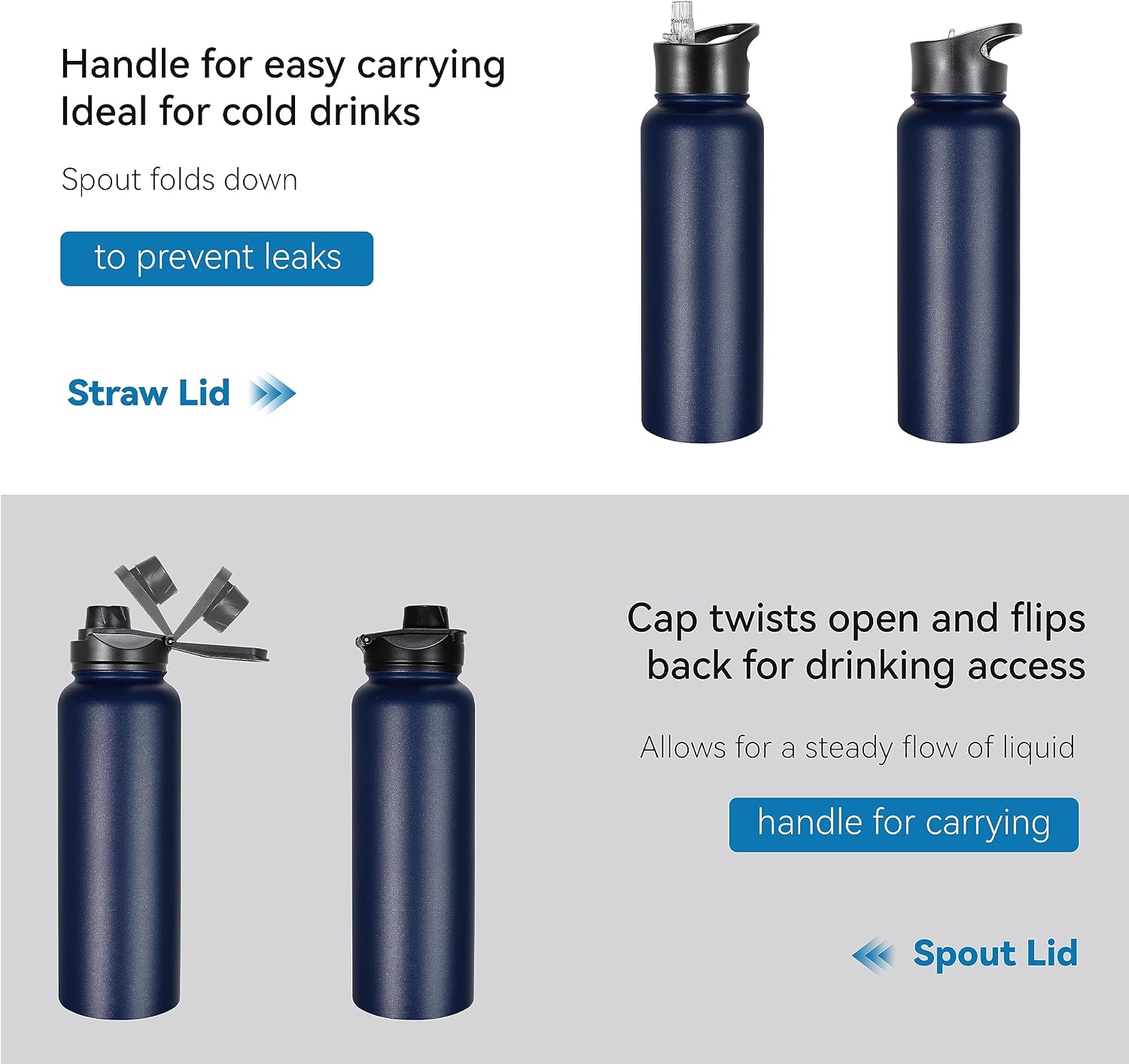 VEGOND 40 oz Insulated Water Bottle Bulk Stainless Steel Metal Water Bottles with Leak Proof Straw Lid & Spout Lid, Wide Mouth Double Walled Vacuum Travel Sports Bottle, 4 Pack
