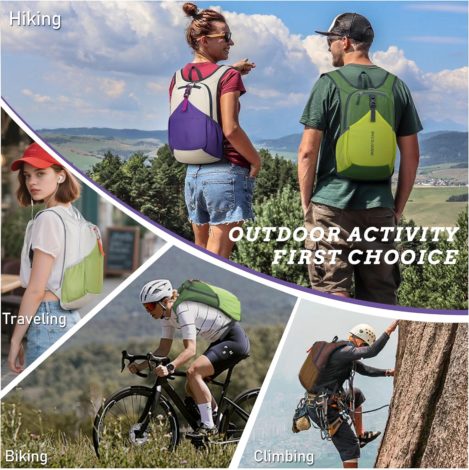 BECOJADDE 15L Small Hiking Backpack for Men Women Foldable Packable Back Pack Ultralight Hiking Daypack for Travel Camping Outdoor, Beige Purple