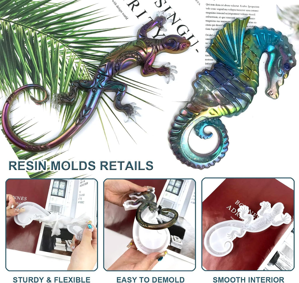 2 Pcs Gecko Seahorse Resin Molds Silicone, Lifelike Lizard Hippocampus Decor Moulds, 3D Large Animal Silicone Epoxy Mold for DIY Resin Crafts,Wall Hanging Home Decor Halloween Christmas Gifts
