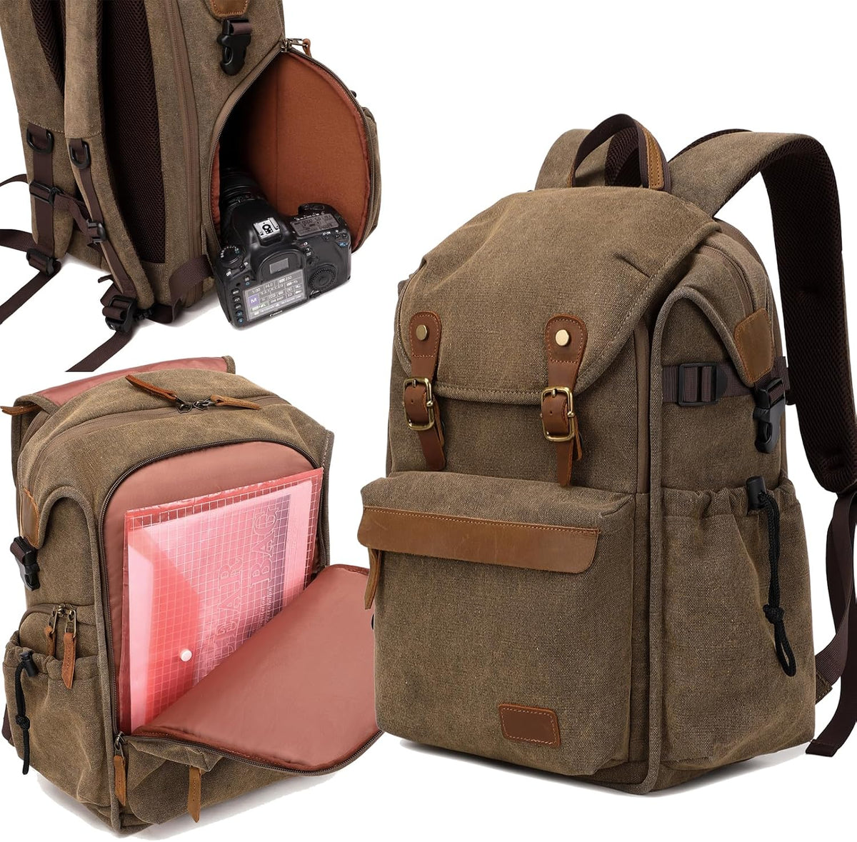 Vintage Canvas Camera Backpack (Coffee Brown) for DSLR/Mirrorless & Drone, Waterproof Photography Bag with 16" Laptop Compartment, Large Capacity Travel Camera Bag for Photographers