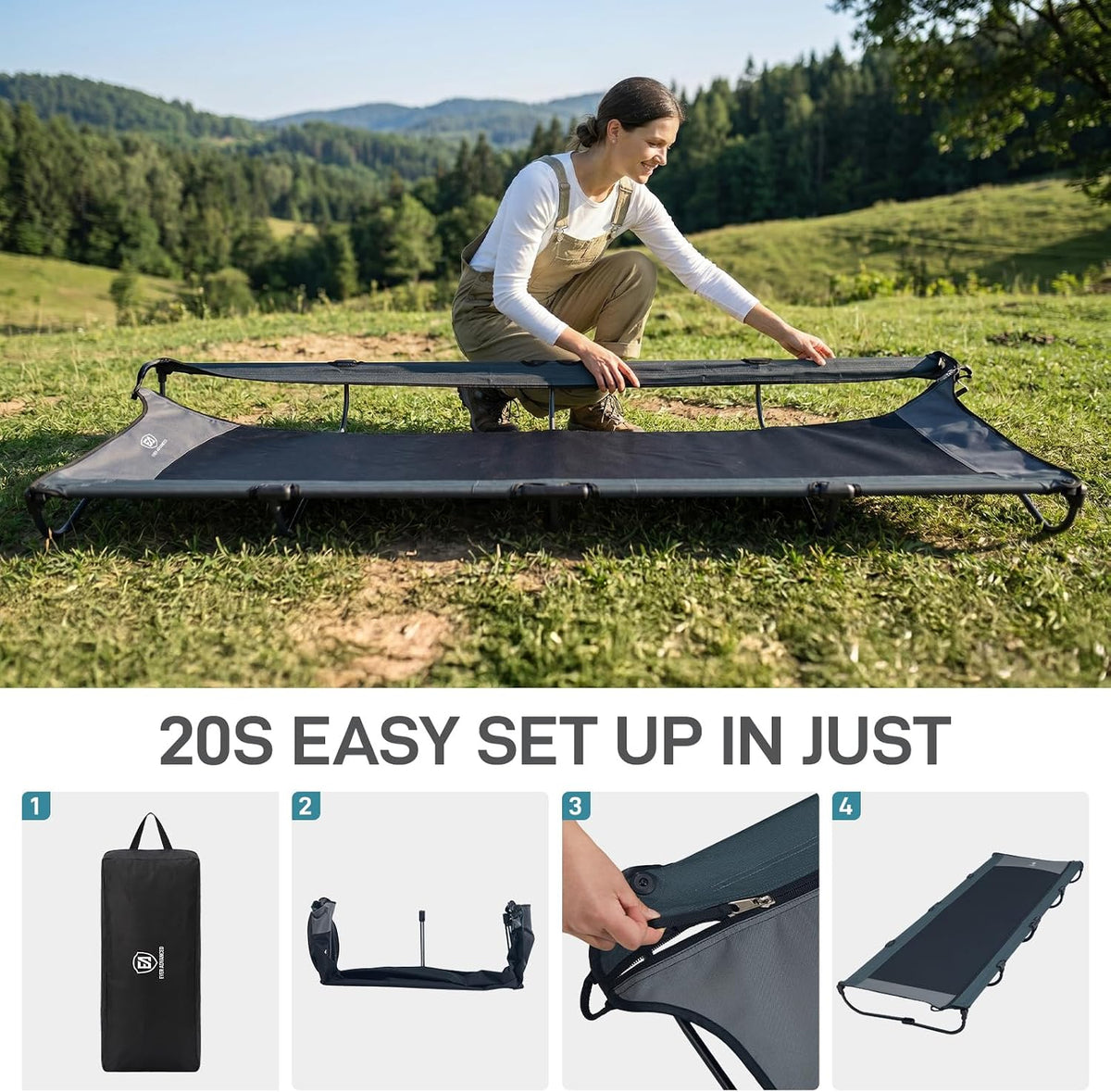EVER ADVANCED Ultralight Aluminum Camping Cot – 20-Second Fast Fold, Zipper Carry Case, Supports 225Lbs, Compact for Travel & Outdoor, Black