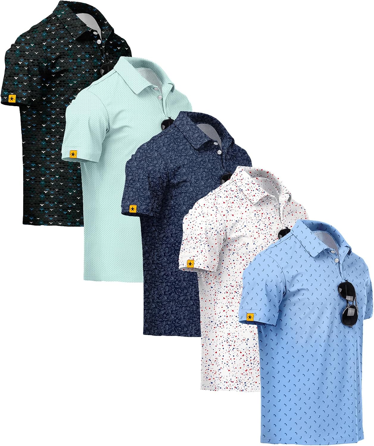 ZITY 5 Pack Mens Golf Shirt Short Sleeve UPF 50+ Print Patterns Casual Polo