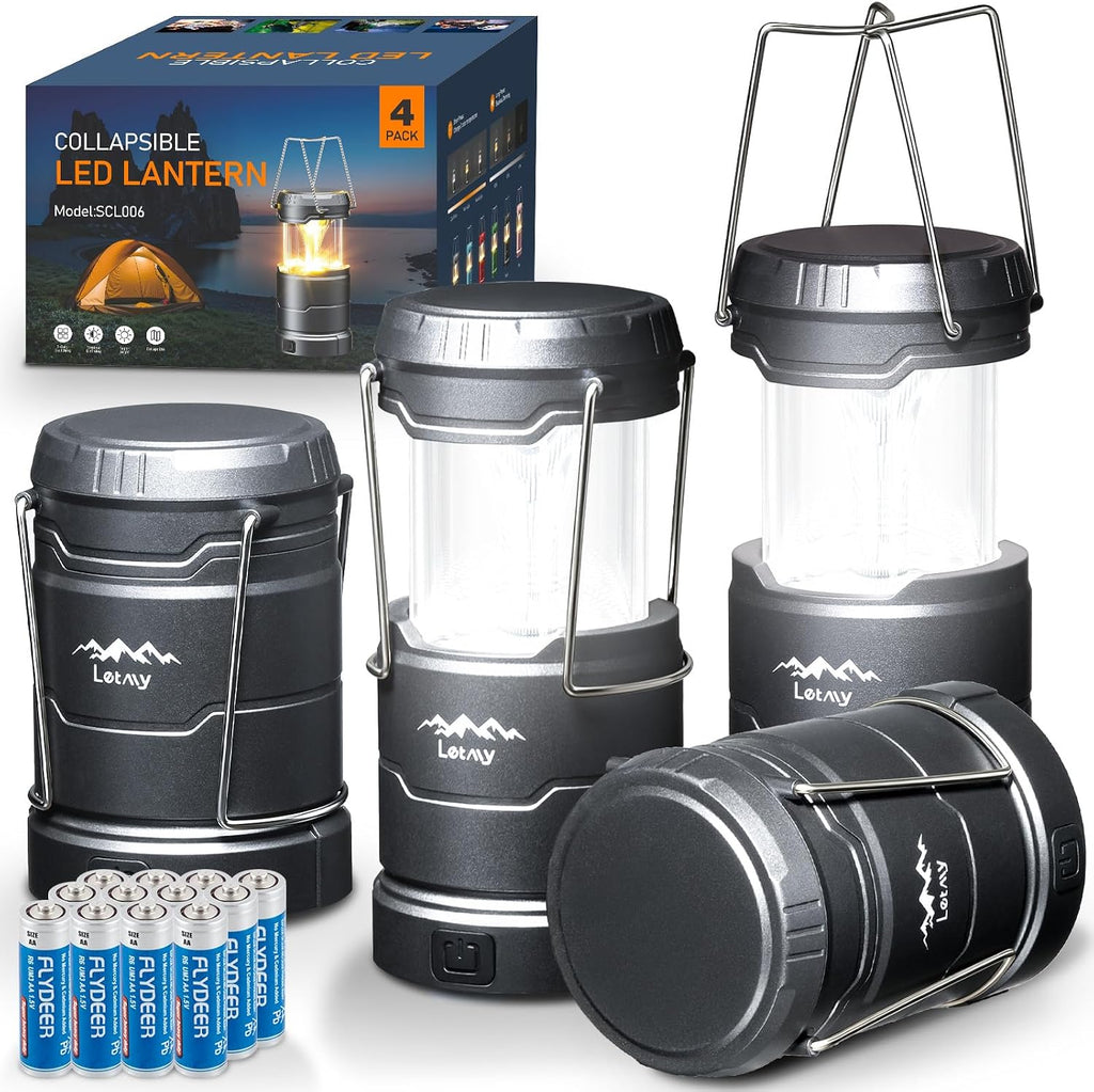 LETMY LED Camping Lantern for Power Outages, 3 Color Modes & Dimmable Battery Powered Lantern, IPX4 Waterproof & Collapsible, Lanterns Flashlight Survival Kits for Emergency Hurricane Hiking, 4 Pack