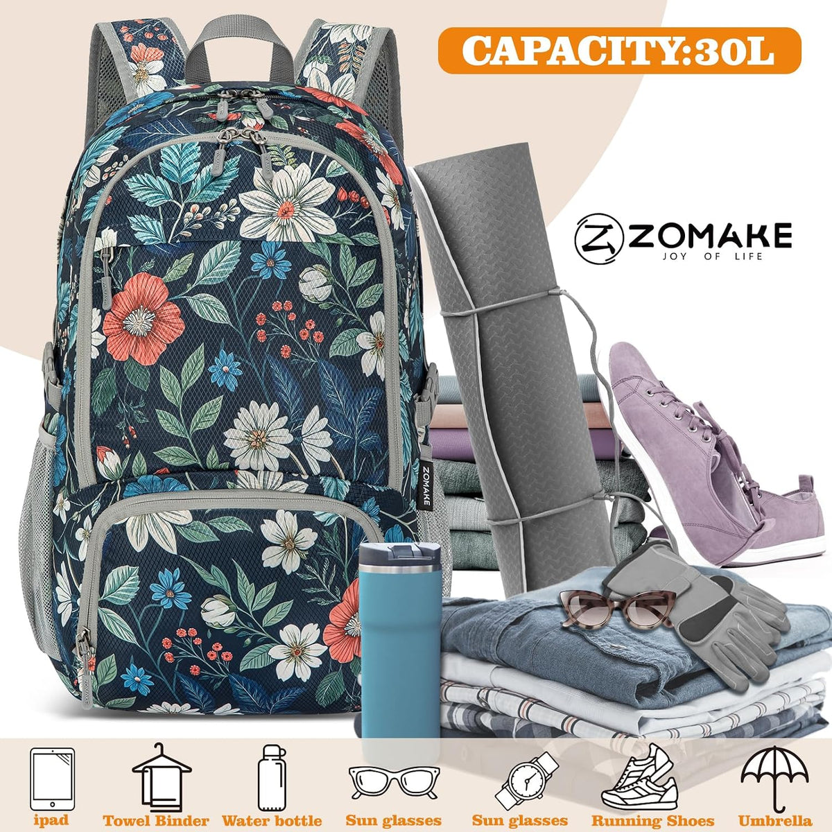 ZOMAKE Lightweight Packable Backpack 30L, Foldable Travel Hiking Daypack