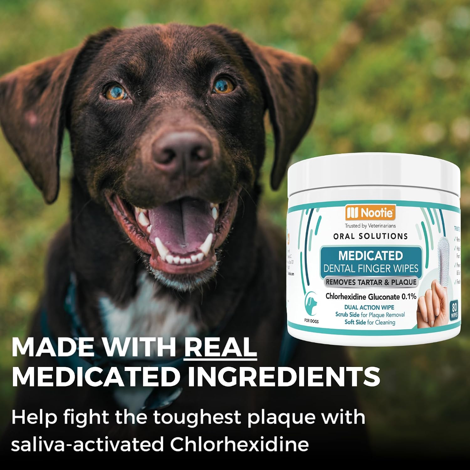 Nootie Medicated Dental Finger Wipes for Dogs, Cleans Teeth and Freshens Breath Dog Dental Care - Prevents Plaque and Tartar Dog Oral Care, 80 Wipes