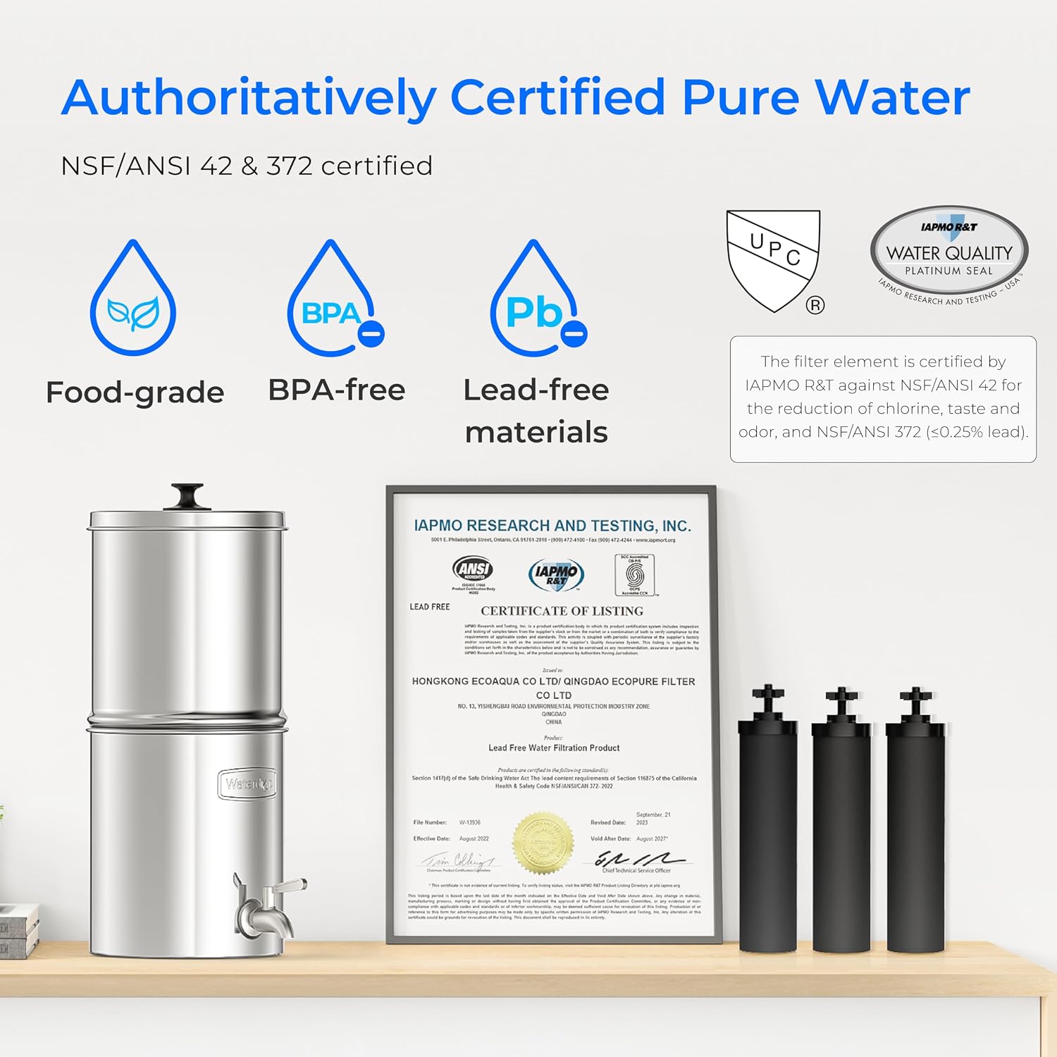 Waterdrop TK-AE Gravity Water Filter System, with 3 Black Carbon Filters