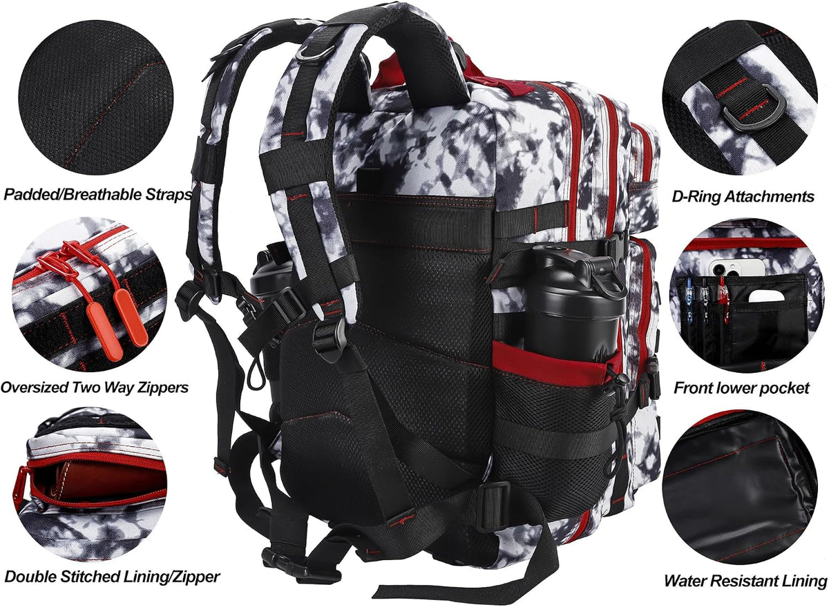 LHI Military Tactical Backpack for Men and Women 45L Army 3 Days Assault Pack Bag Large Rucksack with Molle System Black and White with Red