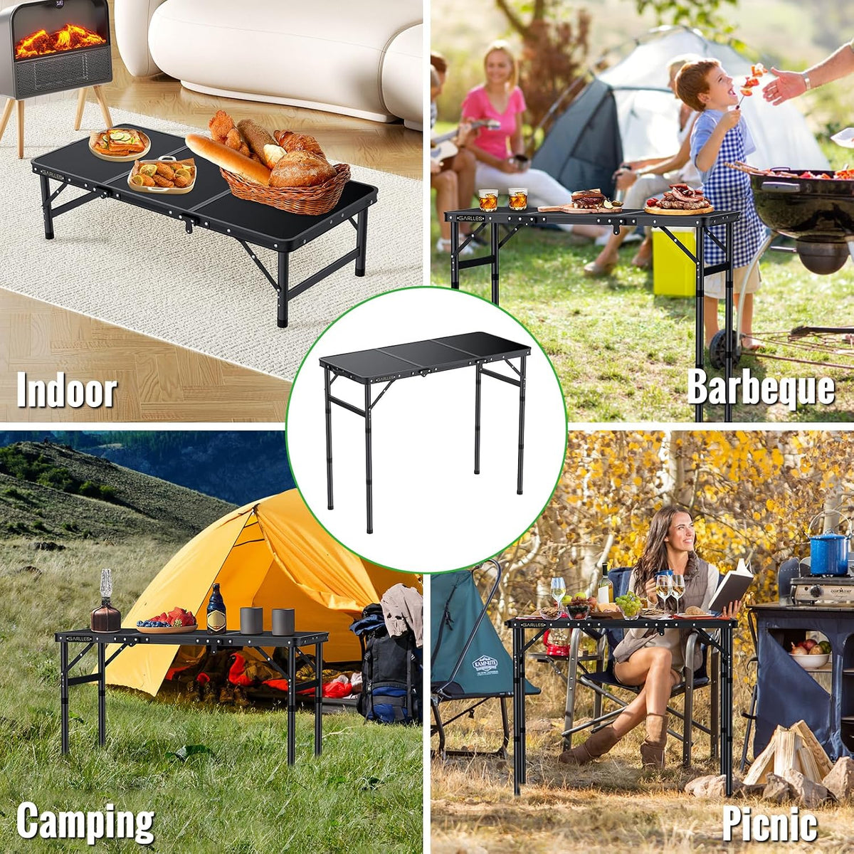 GARLLEN Folding Camping Table 34.2" Lx15.7 W, 3 Adjustable Height Max 27.5"