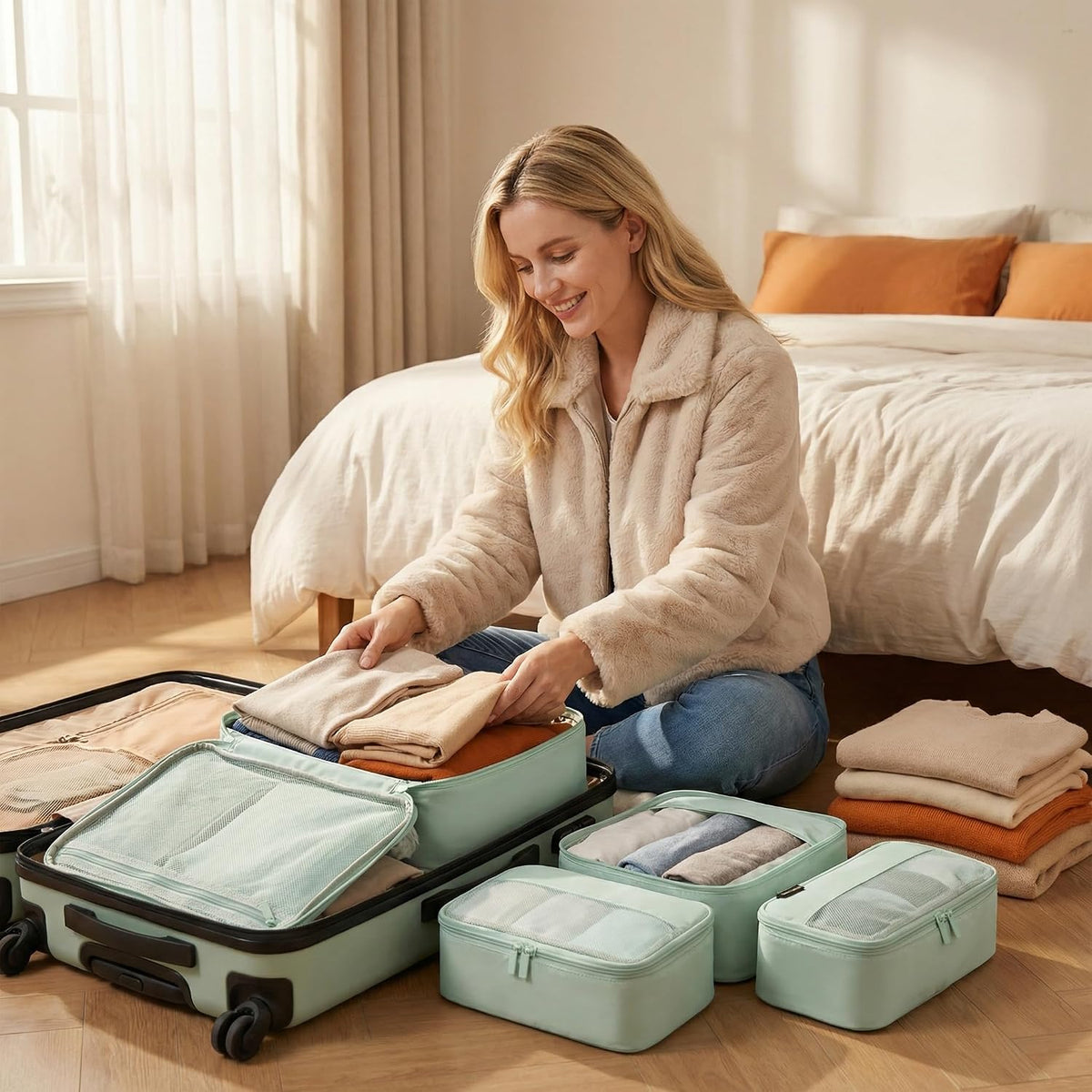 4 Piece Compression Packing Cubes for 3–7 Day Travel, Light Green