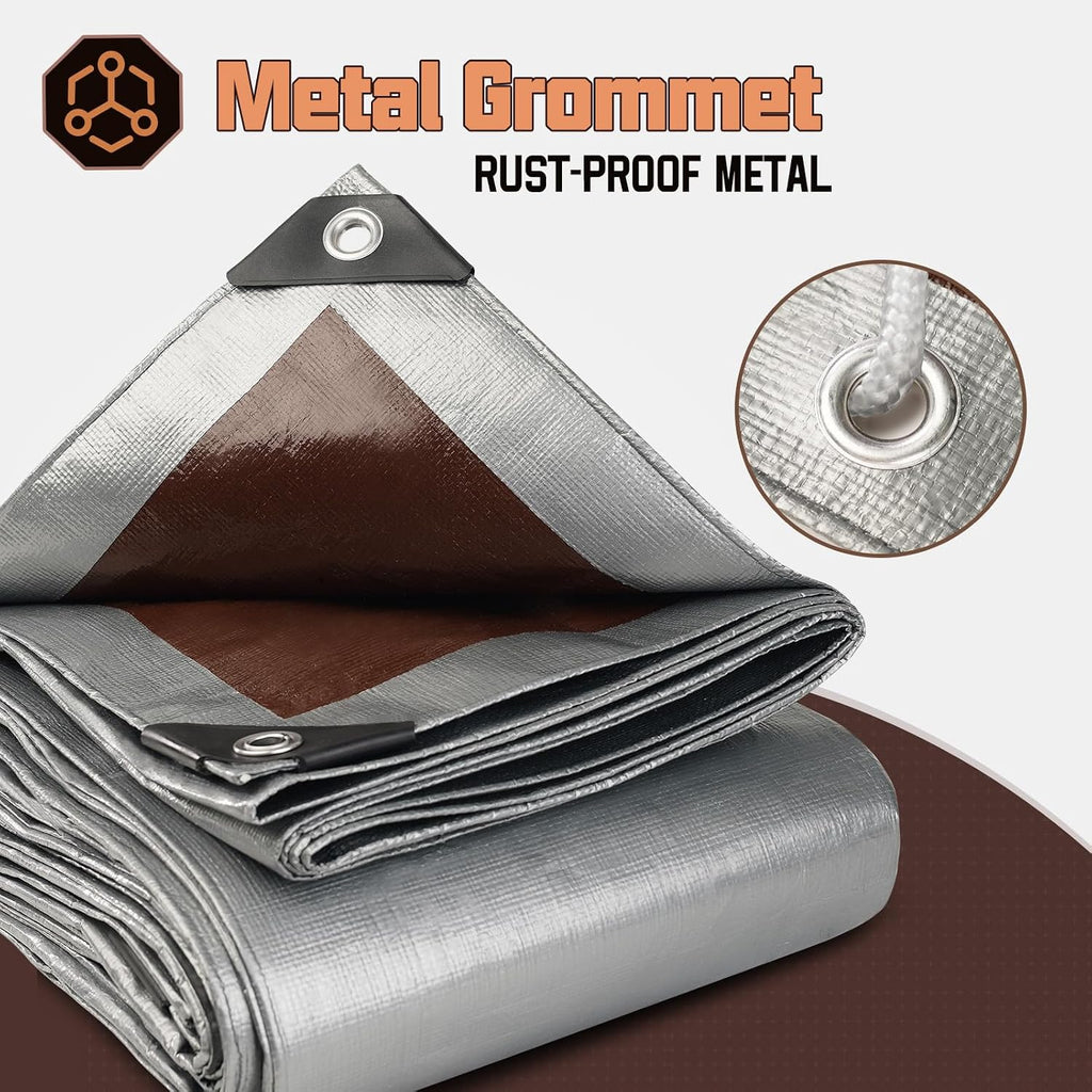 8 x 10 FT Waterproof Heavy Duty Tarp, 10 Mil Thick, Outdoor Furniture Covers, Plastic Insulated Tarpaulin for Camping Tent Roof Boat Patio Pool Cover, Large & Small Multi-Size Tarps, Silver/Brown