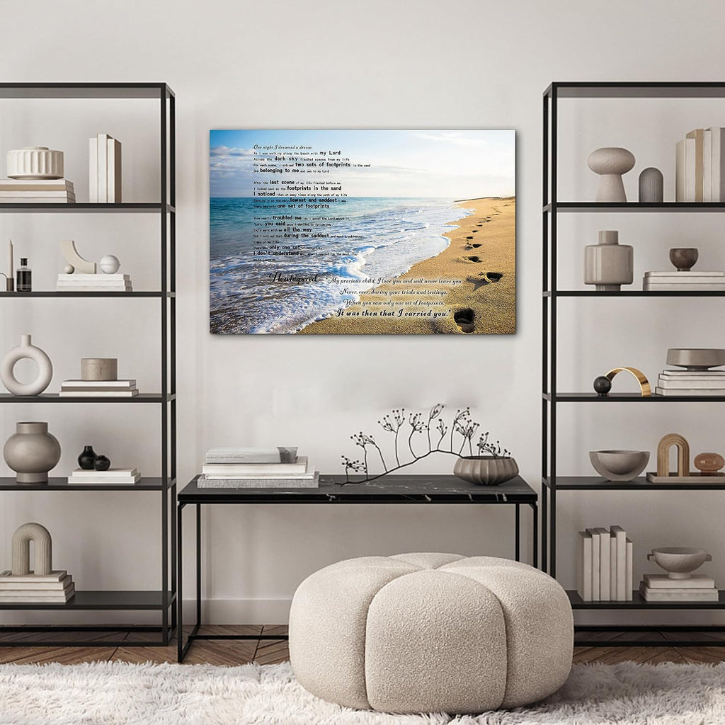 Footprints in the Sand Canvas Prints Wall Art, Footprints in the Sand Wall Art Decor, Inspirational Christian Poem Wall Poster Gift, Beach Picture Wall Art for Living Room Beach Office 28"Hx40"WInches