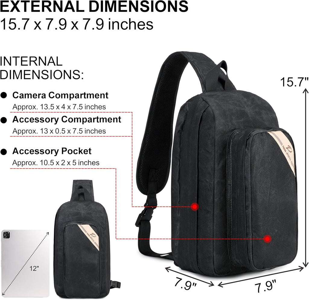 Padwa Lifestyle Black Crossbody Camera Bag - Waxed Memory Canvas Compact Camera Sling and Crossbody Bag with Fast Access,Versatile Lightweight Everyday Bag Great for Photographers Travel,Photography