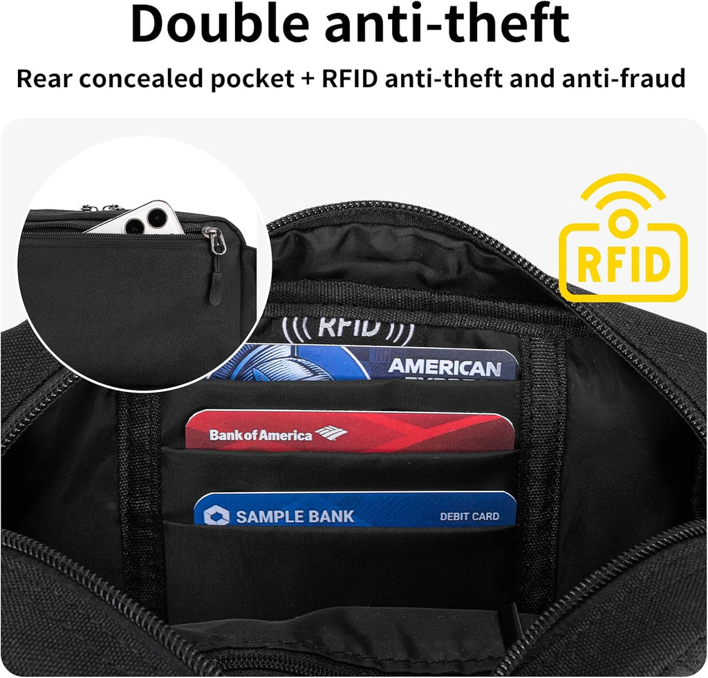 Mini Hiking Waist Bag, 3-Pocket 1.7L RFID Blocking Fanny Pack for Men Women (Black)