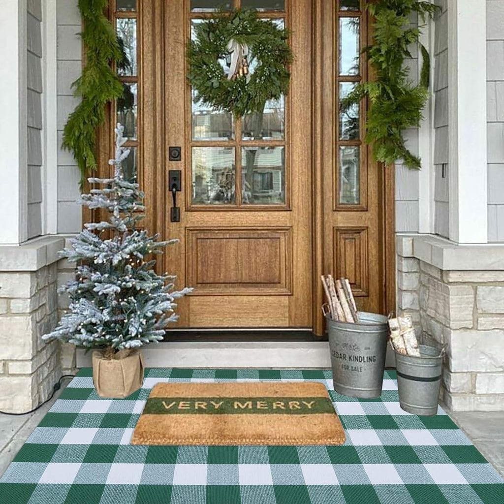 CAINANEL Green and White Buffalo Plaid Outdoor Rug Spring Door Mat Layering Rug Welcome Doormats for Spring Easter Farmhouse Entrance Porch Outdoors Decor
