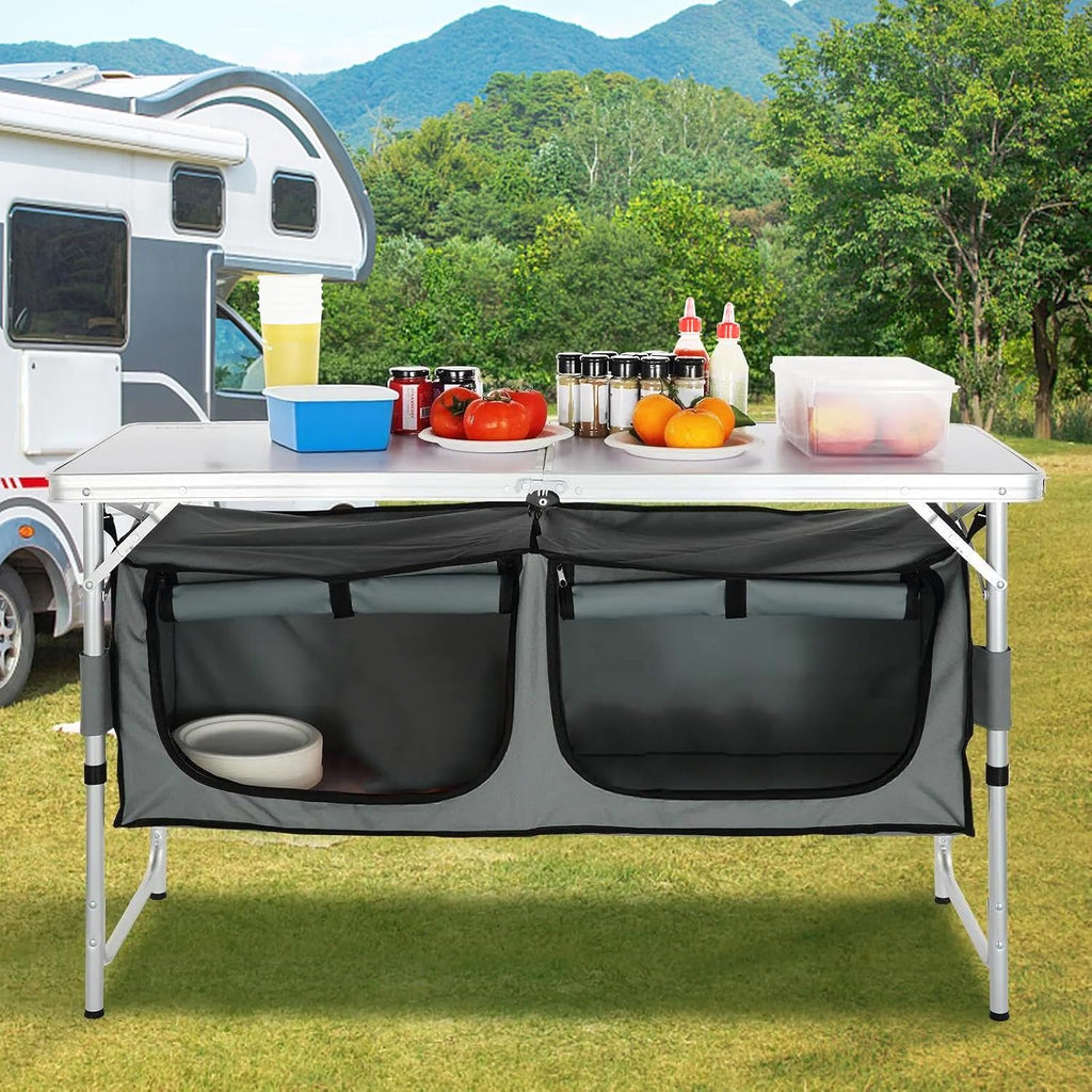 VEVOR Camping Kitchen Station, 3 Adjustable Height Folding Outdoor Camp Cooking Table with Storage Organizer, Quick Set-up for Patio BBQ Picnic Glamping Traveling