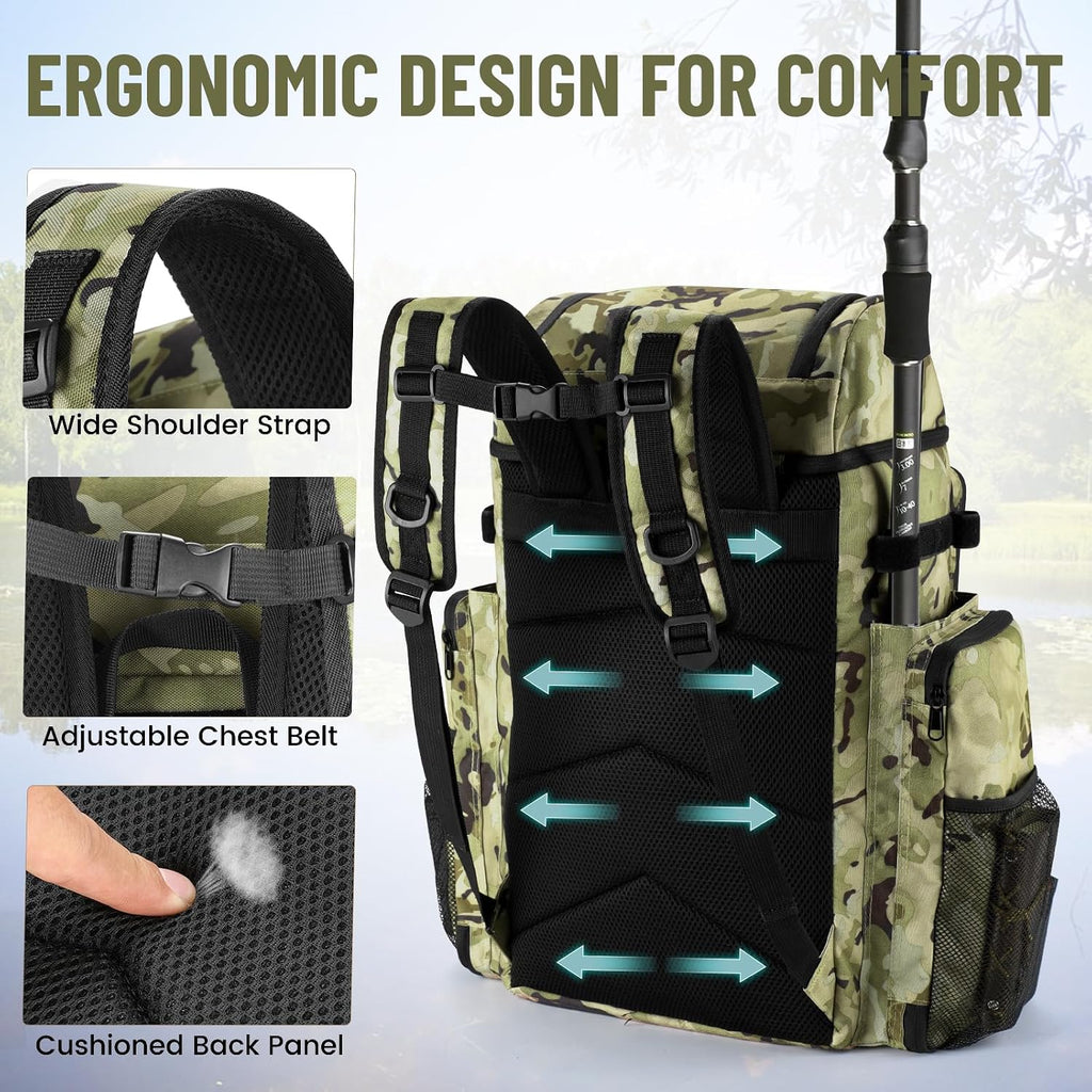 VJI 52L Large Fishing Tackle Backpack with Rod Holders, Green Camo
