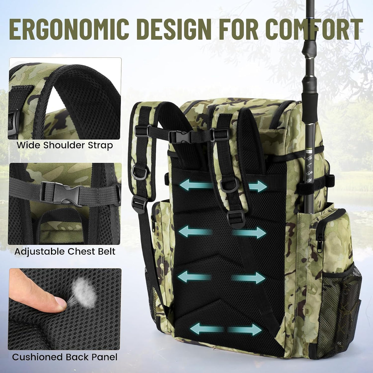 VJI 52L Large Fishing Tackle Backpack with Rod Holders, Green Camo