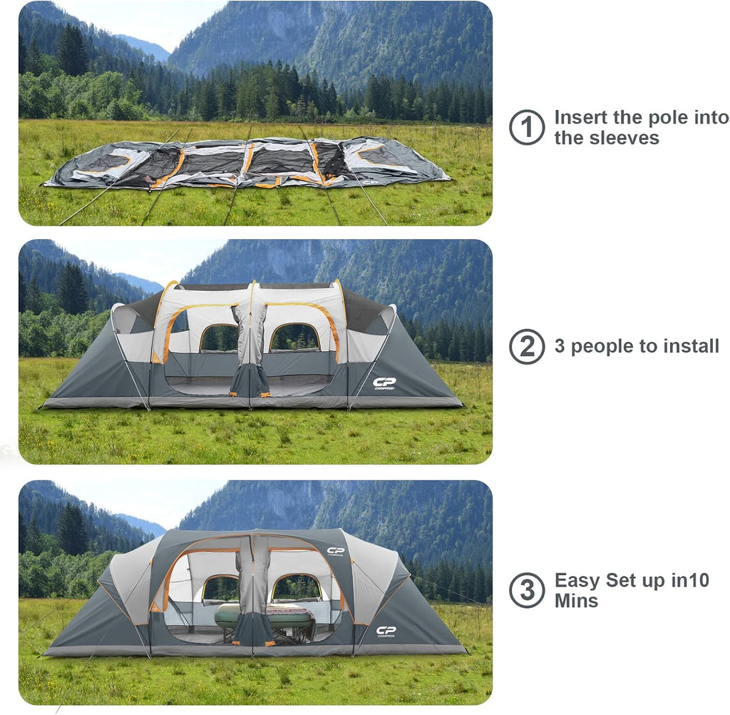 CAMPROS CP 12 Person Camping Tent, 3-Room Family Tent, Rainfly, Waterproof
