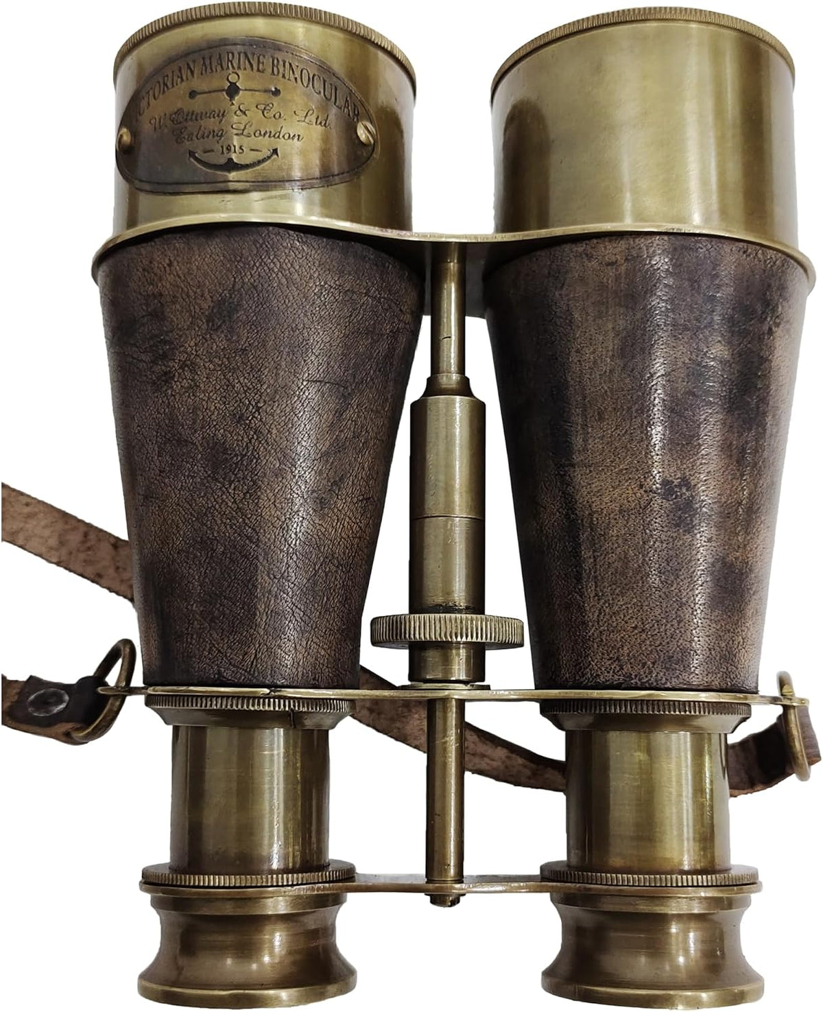 Brass Antique Binoculars, Grey, Brown Leather Strap