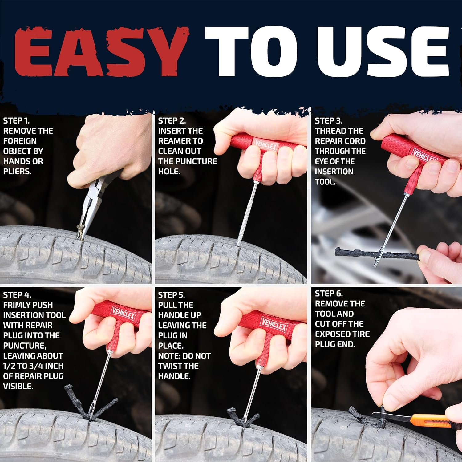 Vehiclex Tubeless Tire Repair Kit with Aluminum T Handle Tools