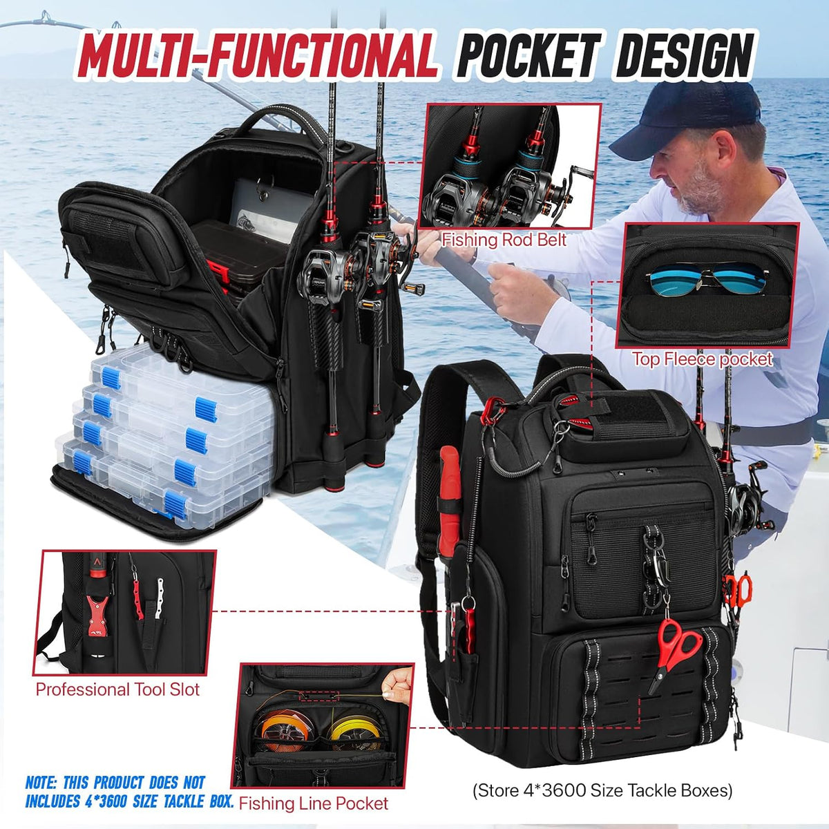 Fishing Tackle Backpack,40L Tackle Bag with 2 Rod Holders,Water-Resistant Large Storage Fishing Gear and Equipment(Black)