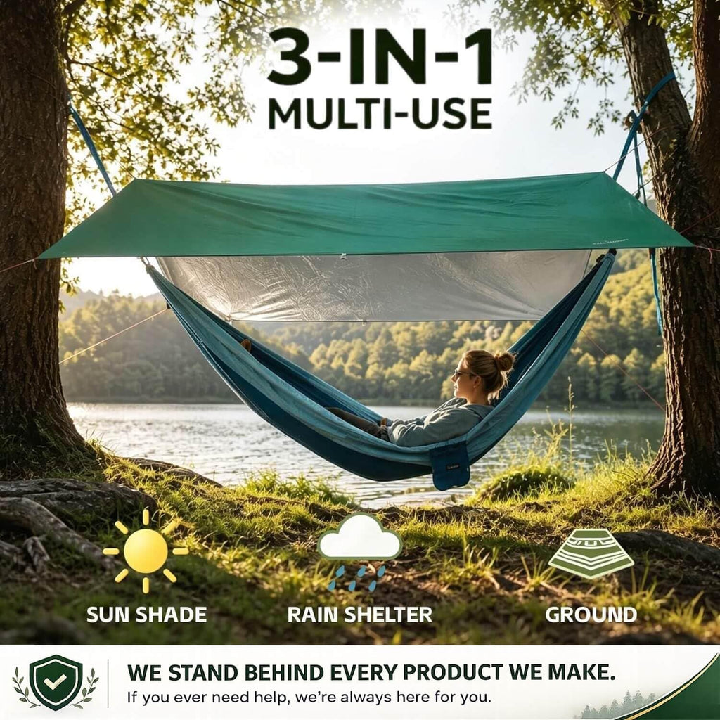 Waterproof Camping Tarp Tent Hammock Rain Fly, Mutifunctional Tent Footprint Lightweight Tarp for Camping, Hiking and Survival Shelter (Green, Without Poles,15x11FT)