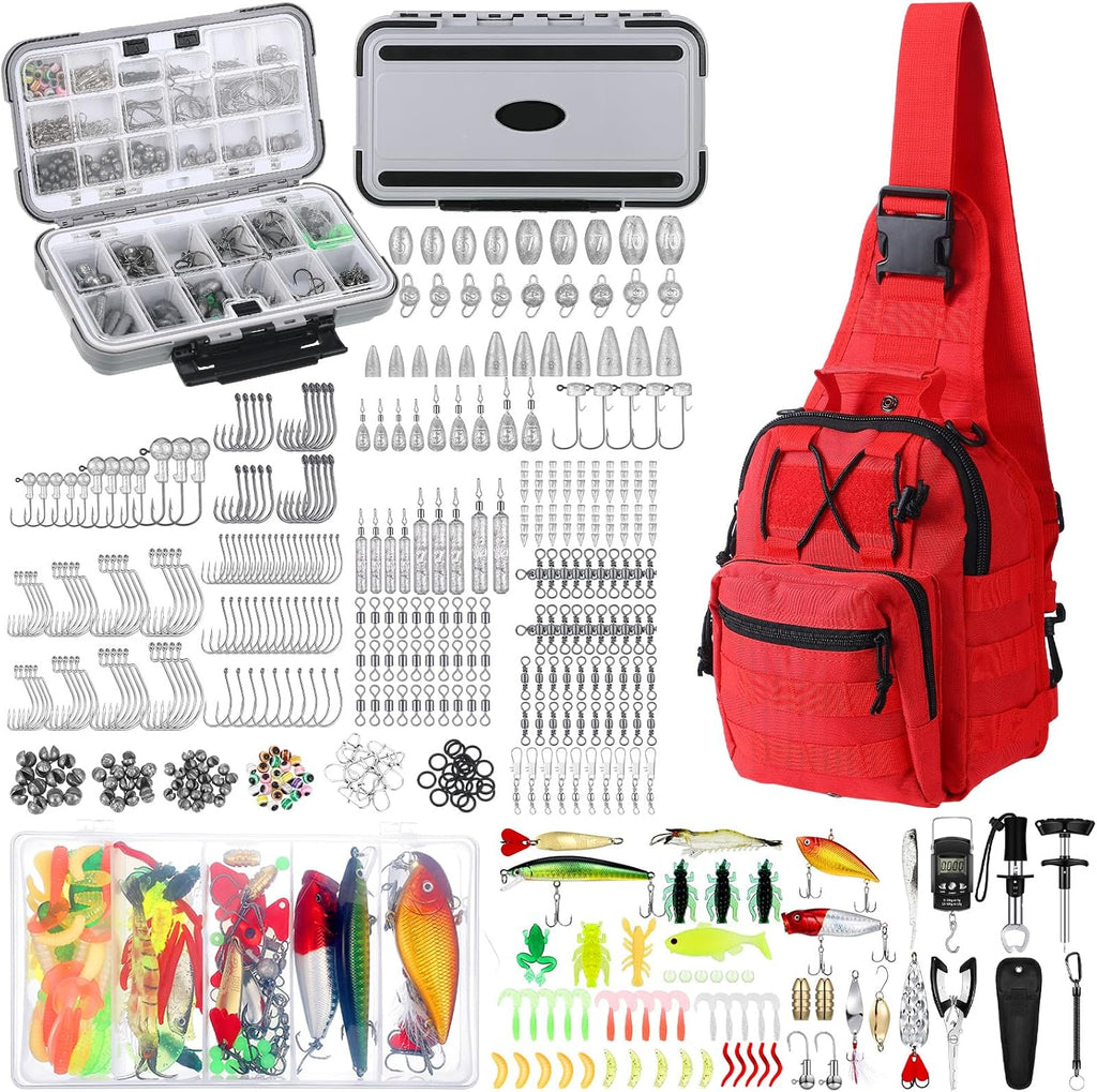 Sosation 482 Pcs Fishing Sling Tackle Bag Set Fish Tackle Box Backpack Storage Fishing Gear and Equipment Included Fish Hook Remover Tool Lures Lip Gripper, Gift for Men