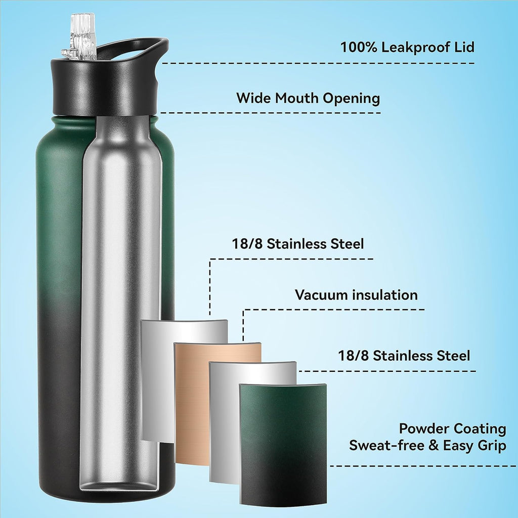VEGOND 40 oz Insulated Water Bottle Bulk Stainless Steel Metal Water Bottles with Leak Proof Straw Lid & Spout Lid, Wide Mouth Double Walled Vacuum Travel Sports Bottle, 4 Pack