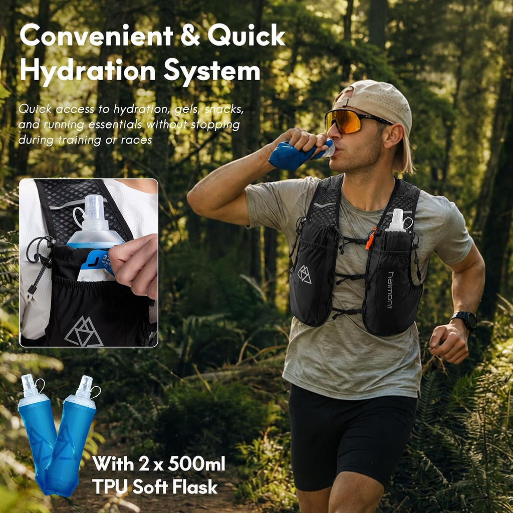 Haimont 10L Trail Running Hydration Vest with Soft Flasks | Reservoir Compatible, Bounce-Free Fit, Quick-Access Storage, Pole Carry, Whistle